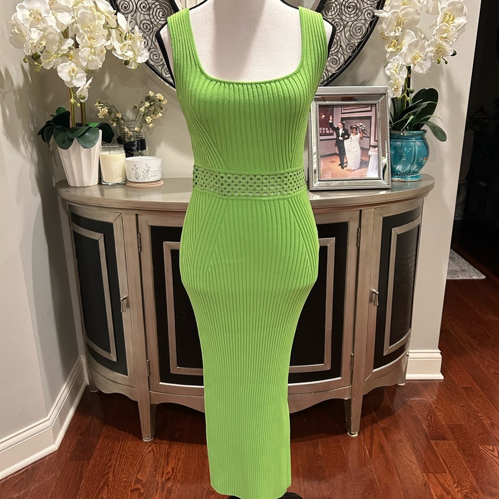 House of Harlow 1960Green Ribbed Knit  Dress - Sleeveless Square Neck # 150